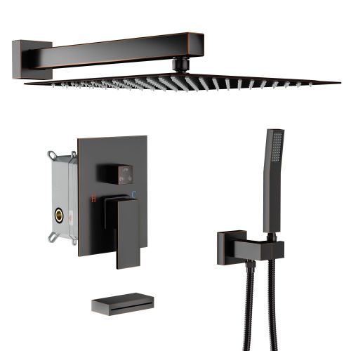 12-Inch 3-Spray Shower System With Square Wall Mounted Adjustable Shower Head And Handheld Shower With Hose